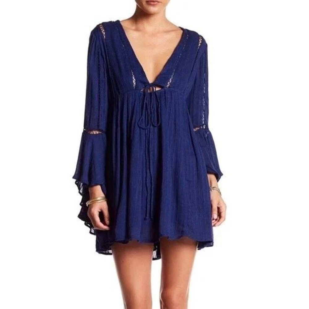 Free People Dress S Blue Romeo Bell Sleeve Whimsigoth Boho Peasant Festival Mini